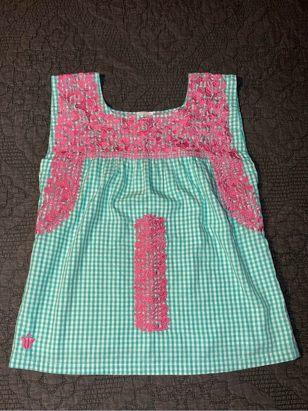 J.Marie Embroidered Green & Pink Gingham Top Size-S